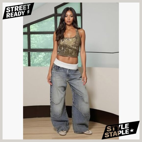 Wide Leg Barrel Jeans High Waisted Stretchy Denim Patchwork Cargo Pants - Picture 2 of 7